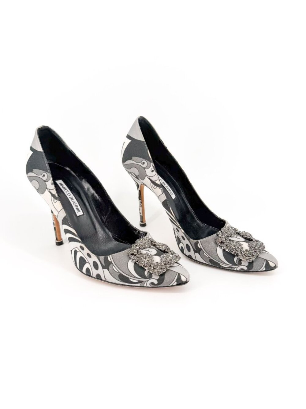 Manolo Blahnik Hangisi 105 Satin Crystal Buckle Pumps Size 40 US 10 Gray Black